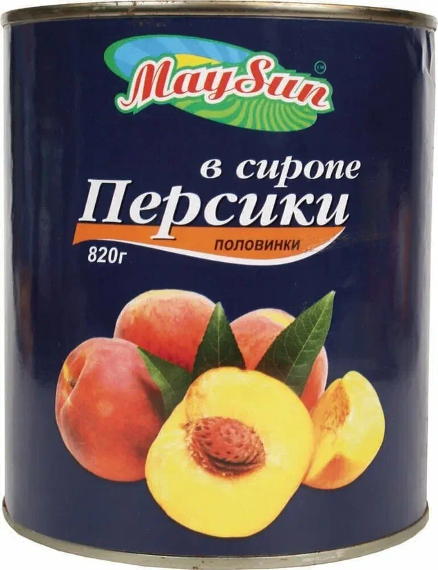 Персики половинки в сиропе  "MaySun" ж/б 850мл/12шт/36мес (с/в 460гр)