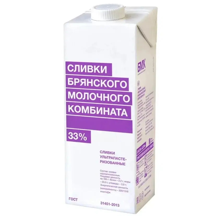 Сливки ультрапастеризованные 33% БМК  1л/12шт/6мес